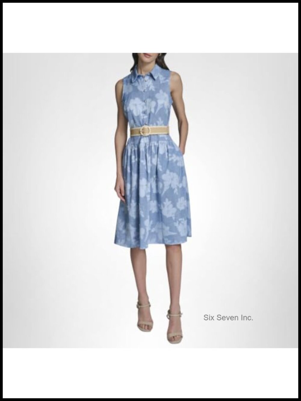 Floral Denim Belted Midi Dress Sleeveless Collared Fit & Flare